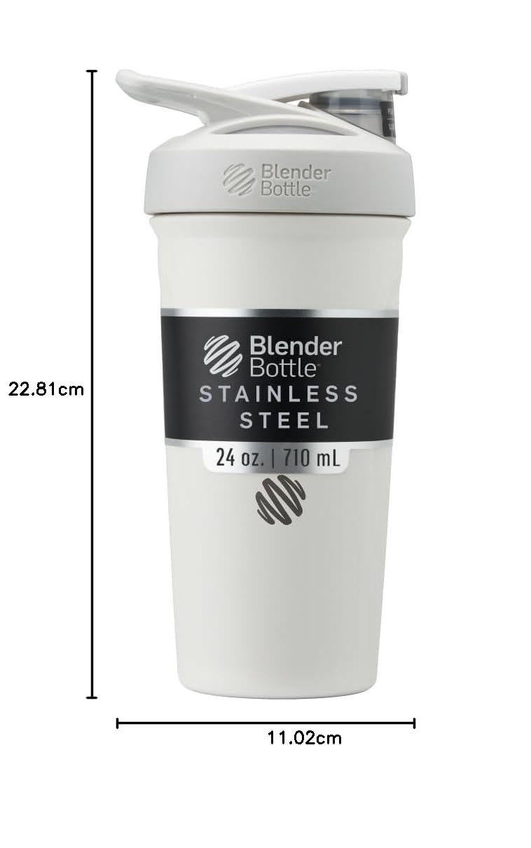 BlenderBottle Strada Shaker Cup Insulated Stainless Steel Water Bottle with Wire Whisk, 24-Ounce, White