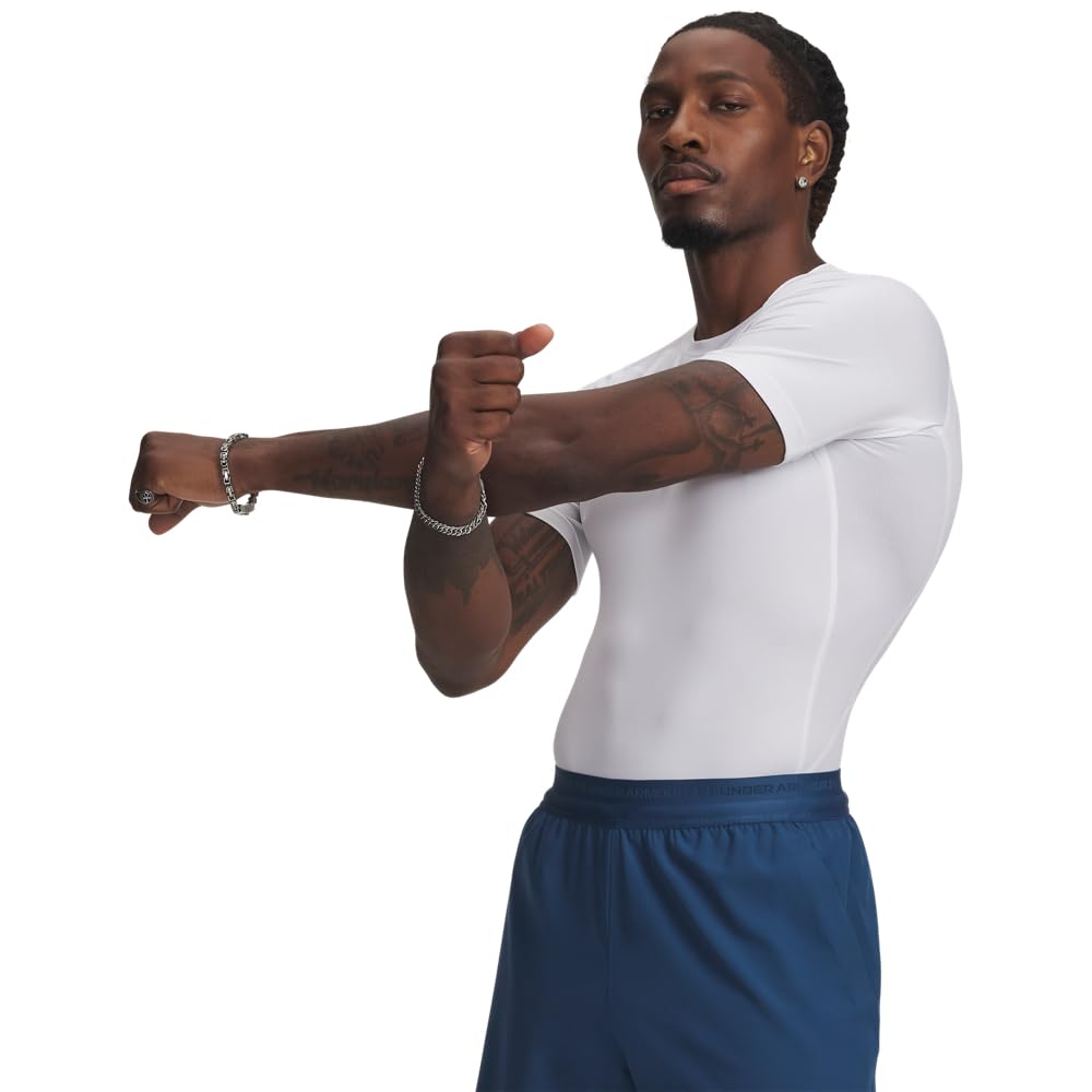 Under Armour Mens Armour HeatGear Compression Short-Sleeve T-Shirt, White (100)/Black, Small Under Armour