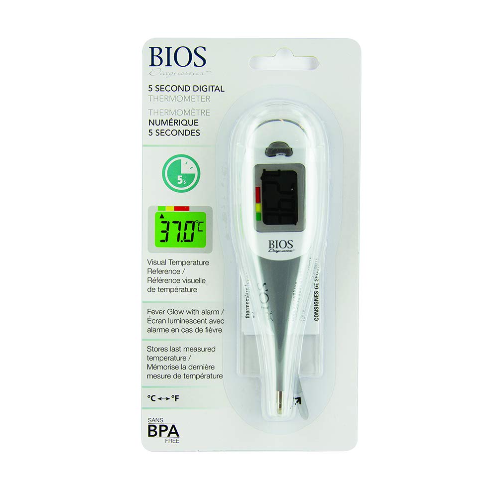 BIOS Diagnostics 5 Second Digital Thermometer, for Oral, Rectal, Axillary, 5 Second Reading, Auto Shut Off, Storage Case Included