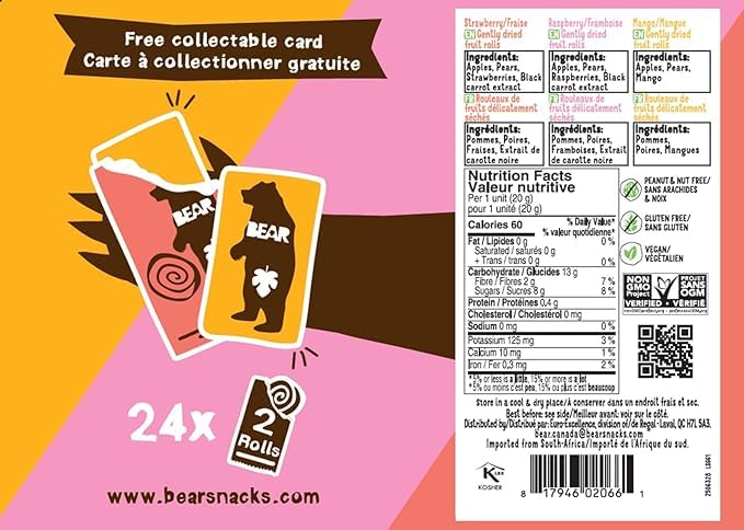 BEAR Fruit Rolls Variety Pack - Strawberry, Mango & Raspberry - Real Fruit Snacks - 100% Natural, No Added Sugar, Gluten Free, Vegan - 24 Count