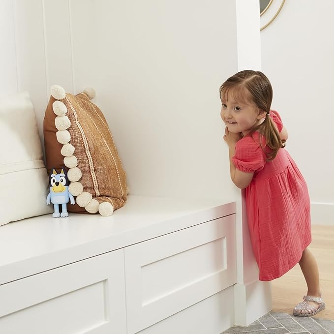 Bluey Hide & Seek Game, Hide The Bluey Figure and Press her Nose to Start The Built-in Timer, Bluey Talks and Giggles to Help Kids find her, When Found, Kids can Dance to Bluey's Theme Song