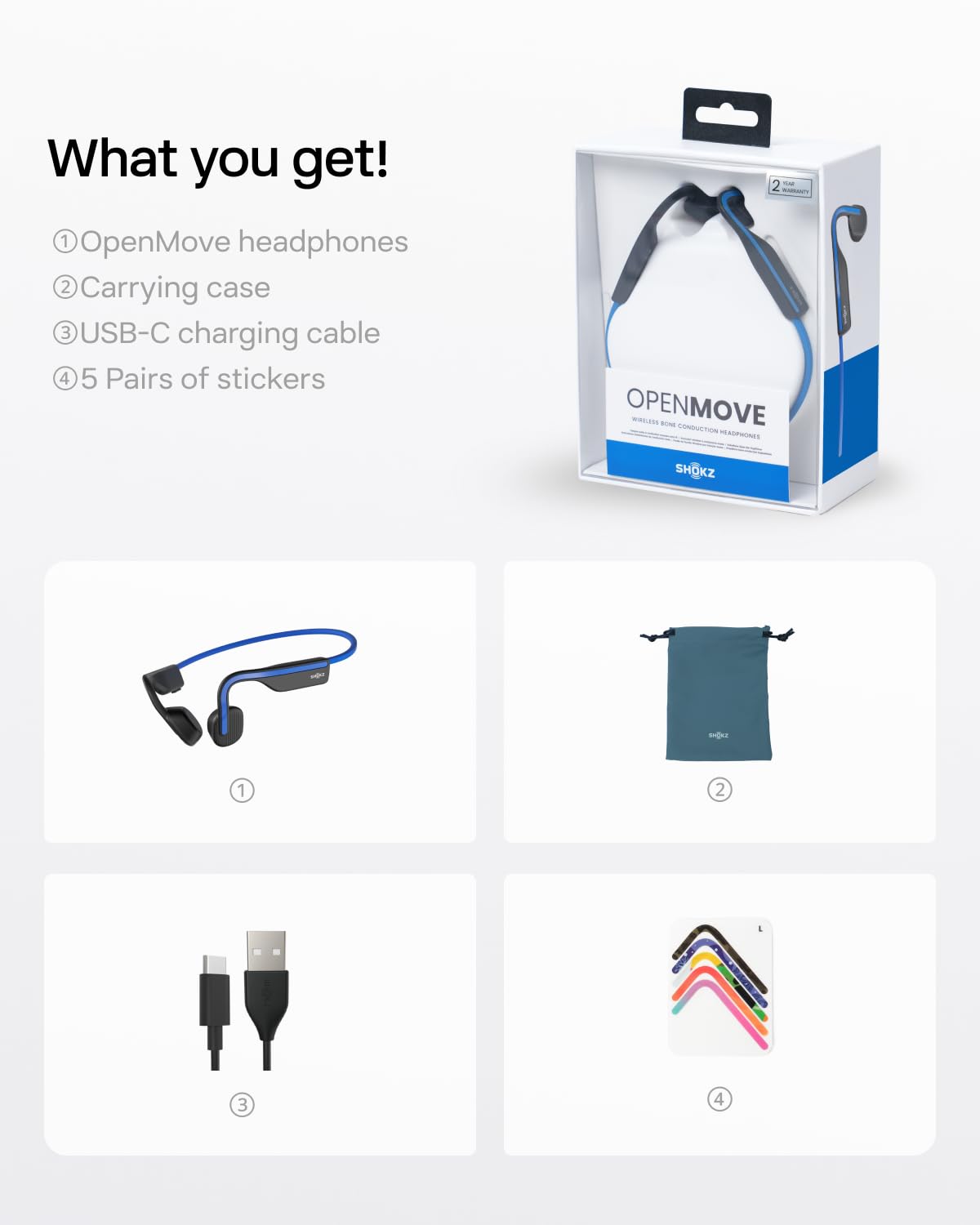 Shokz (AfterShokz) OpenMove - Open-Ear Bluetooth Sport Headphones - Bone Conduction Wireless Earphones - Sweatproof for Running and Workouts, with Sticker Pack (Blue)