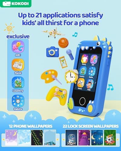 KOKODI Kids Smart Phone Toys, Touchscreen HD Dual Camera Cell Phone for Kids, Christmas Birthday Gifts Dinosaur Play Phone for Boys 3-10, Travel Toy Preschool Learning Toy(Blue 🍁 All In One Marketplace Canada