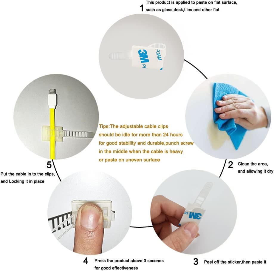 HS Wire Management Clips Clear (Yellowish) with Screw Hole (50 Pack) Adjustable Zip Ties 3 Inch with 3M Adhesive Tape,Adhesive Clips for Christmas Lights,Desk,Wall to Hold Extension Cord 🍁 All In One Marketplace Canada