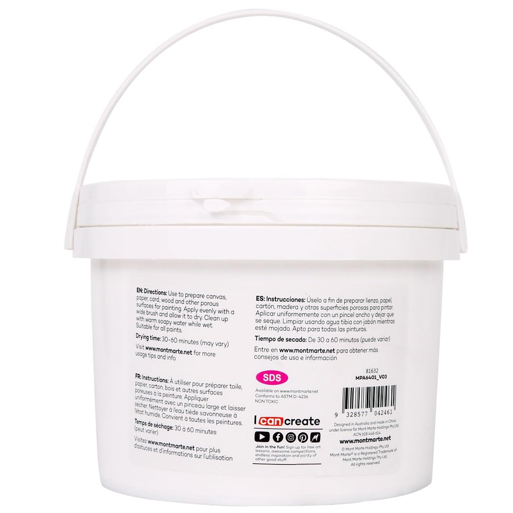 Mont Marte Premium Gesso Universal Primer 1.89L (64oz), Suitable for Acrylic Paint, Oil Paint, Colour Pencils, Pastels, Graphite and Charcoal