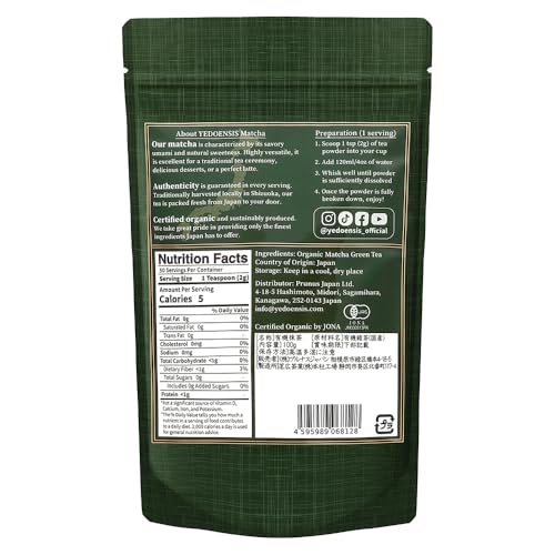 YEDOENSIS Premium Matcha - Organic Japanese Green Tea Powder, JAS Certified, Vegan & Gluten-Free (100g)