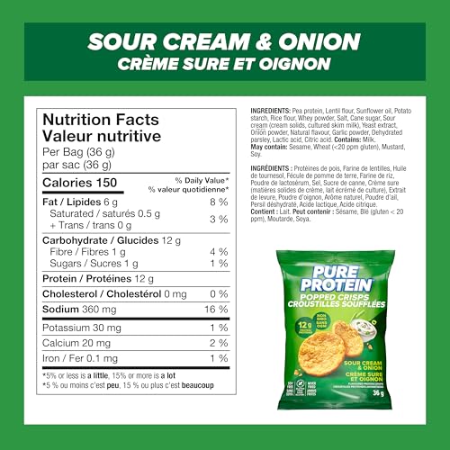 Pure Protein Popped Crisps Sour Cream & Onion - 12g Protein Per Bag, 8-Pack