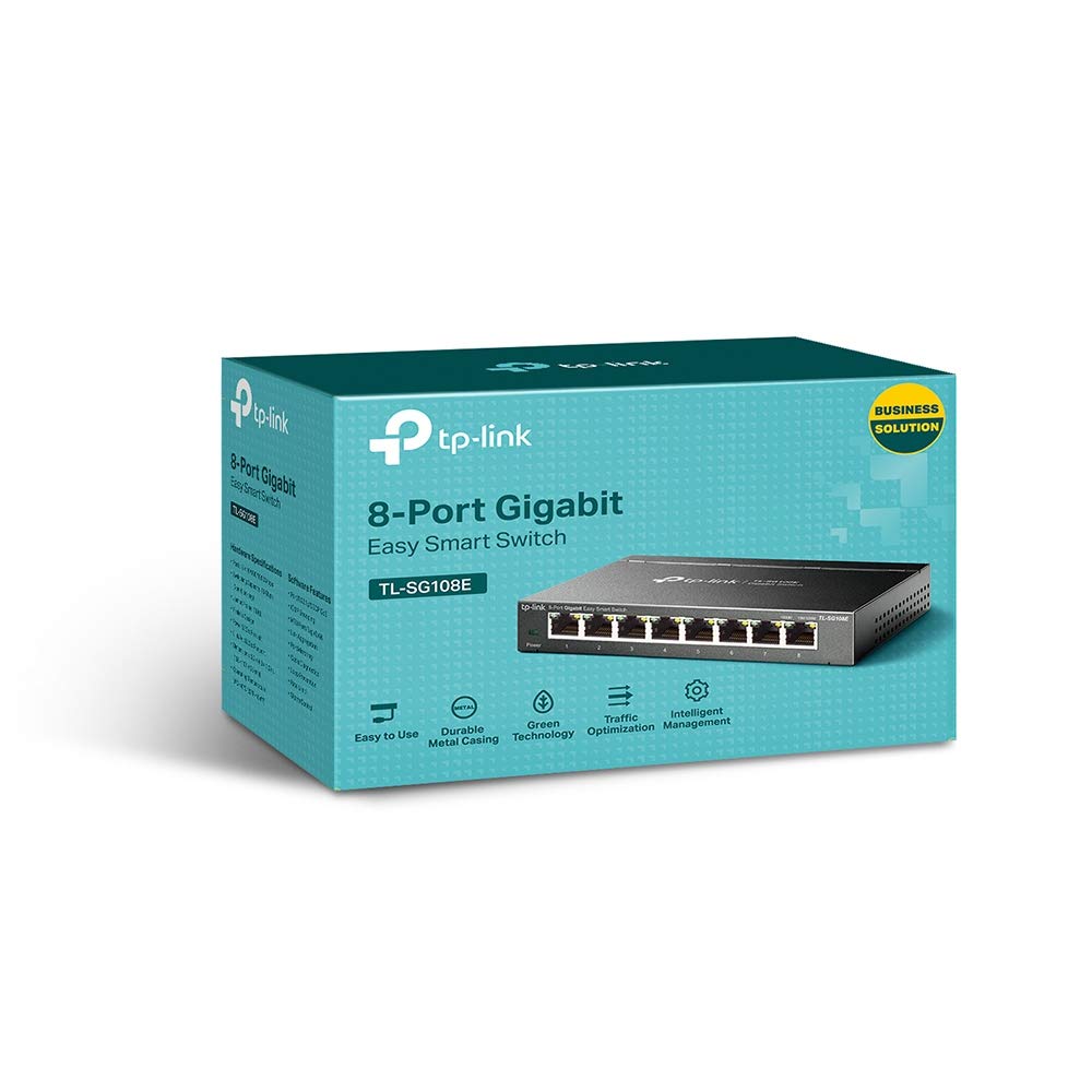 TP-Link 8 Port Gigabit Easy Smart Switch (TL-SG108E) โ Managed, Plug & Play, Metal Housing, QoS, VLAN, IGMP, LAG, Desktop/Wall Mount, Limited Lifetime Protection