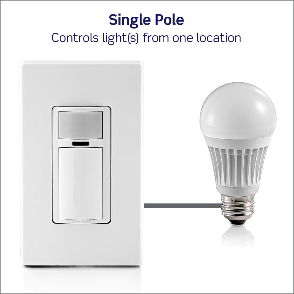 Leviton Decora Motion Sensor Light Switch, Motion Activated, Auto-On/Auto-Off, 2A, No Neutral Wire Required, Single Pole, DOS02-0LW, White