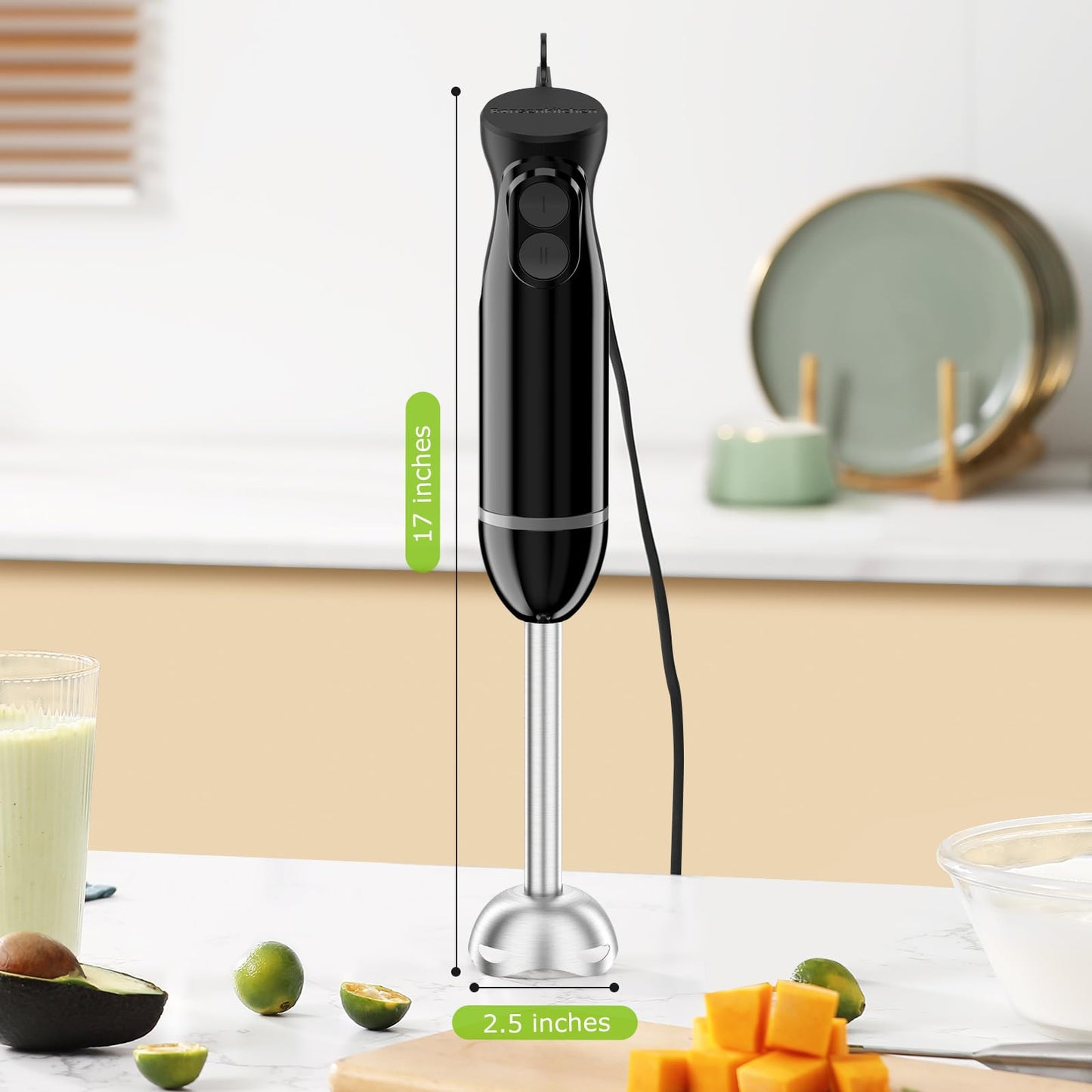 Bonsenkitchen Hand Blender, Immersion Blender with 2 Mixing Speed, Electric Handheld Blender Portable Stick Mixer with Stainless Steel Blades for Soup, Smoothie, Puree, Baby Food - Available at All In One Marketplace Canada