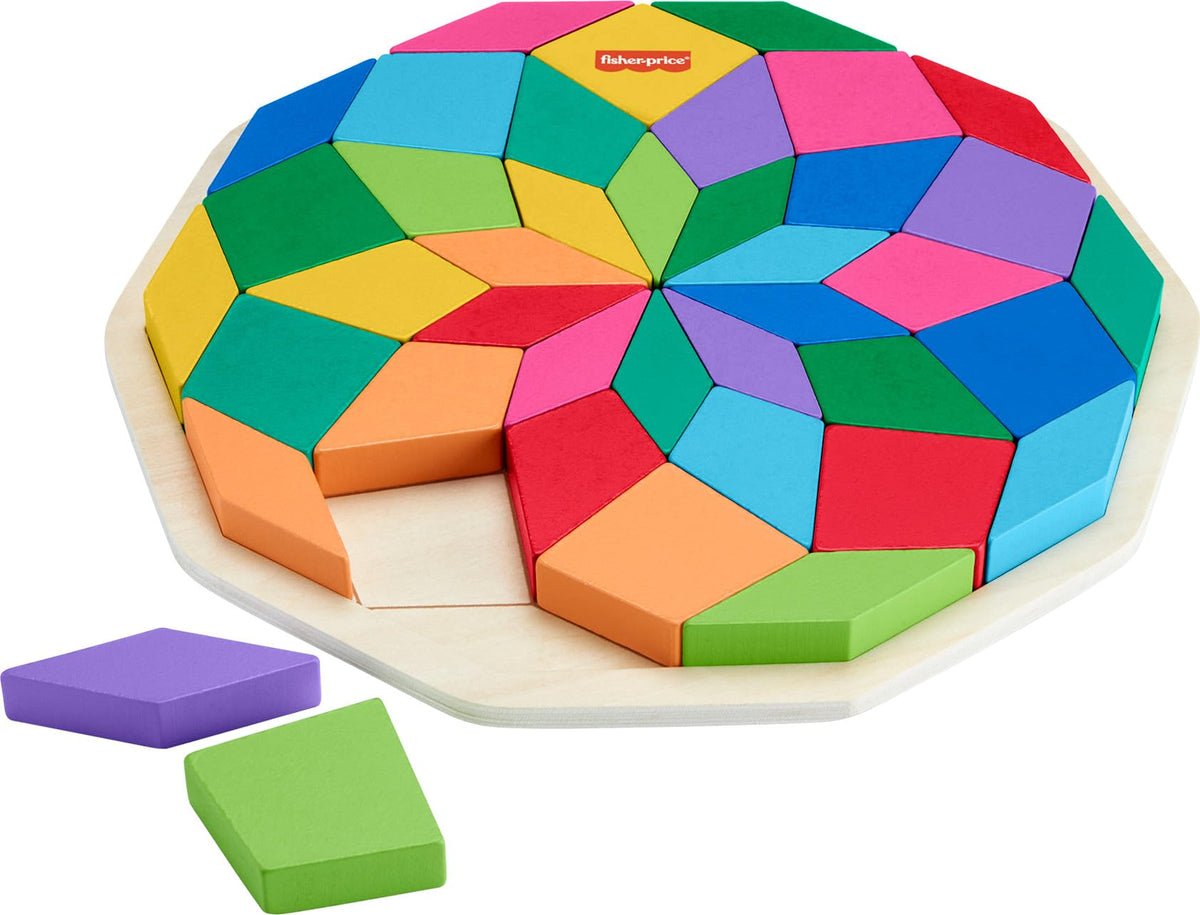 Fisher-Price Wood Preschool Toy Mandala Puzzle with Geometric Design, 41 Wooden Pieces for Kids Ages 3+ Years
