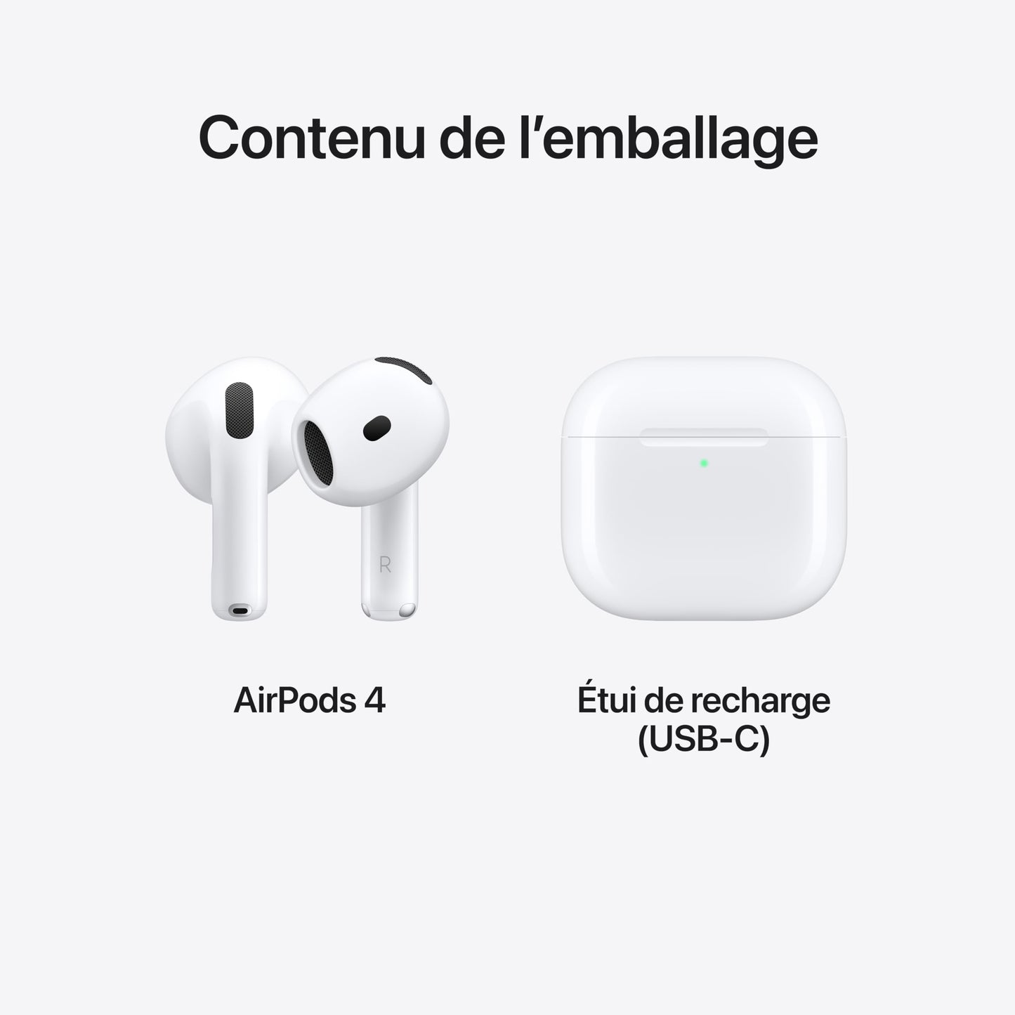 Écouteurs sans fil Apple AirPods 4, Casque Bluetooth, Audio spatial personnalisé, Résistants à la sueur et à l'eau, Boîtier de charge USB-C, Puce H2, Jusqu'à 30 heures d'autonomie