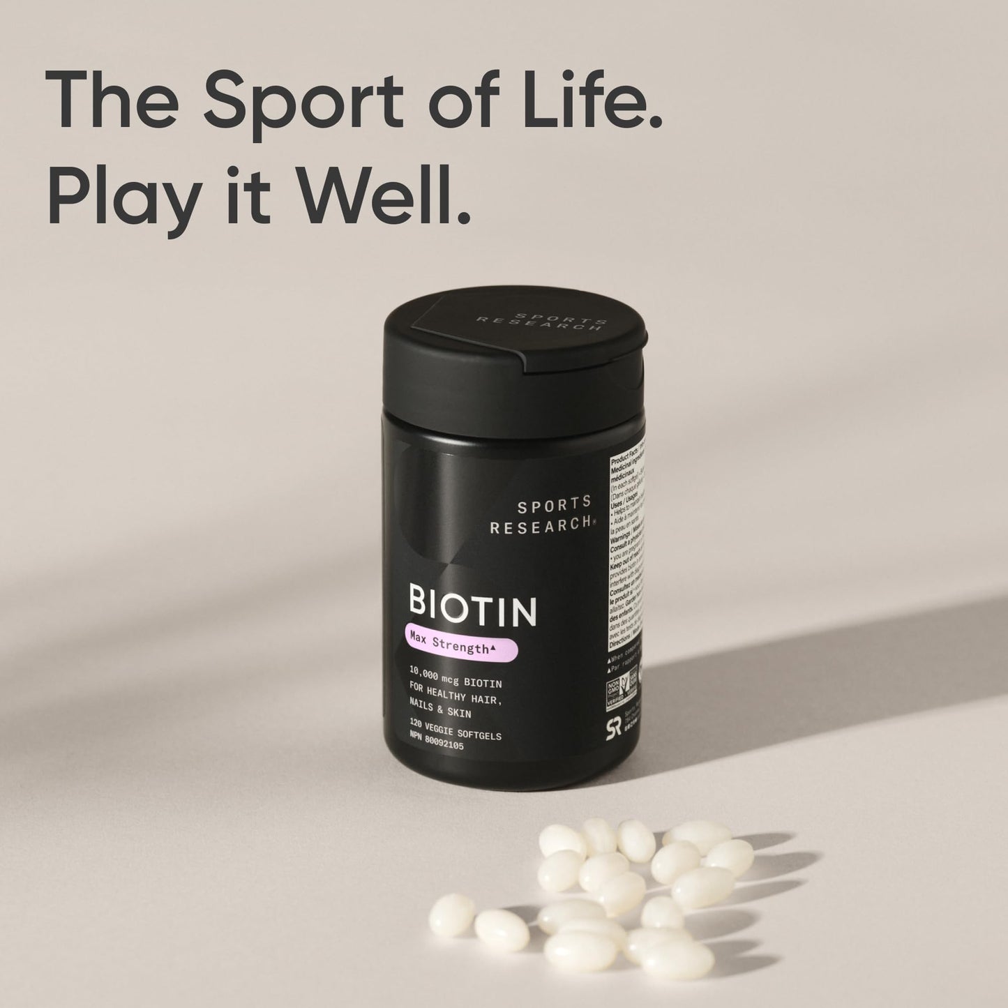 Sports Research® Max Strength Vegan Biotin 10,000mcg with Organic Coconut Oil - Helps to Maintain Healthy Hair, Nails and Skin - Great for Women & Men - 120 Veggie Softgels - Available at All In One Marketplace Canada