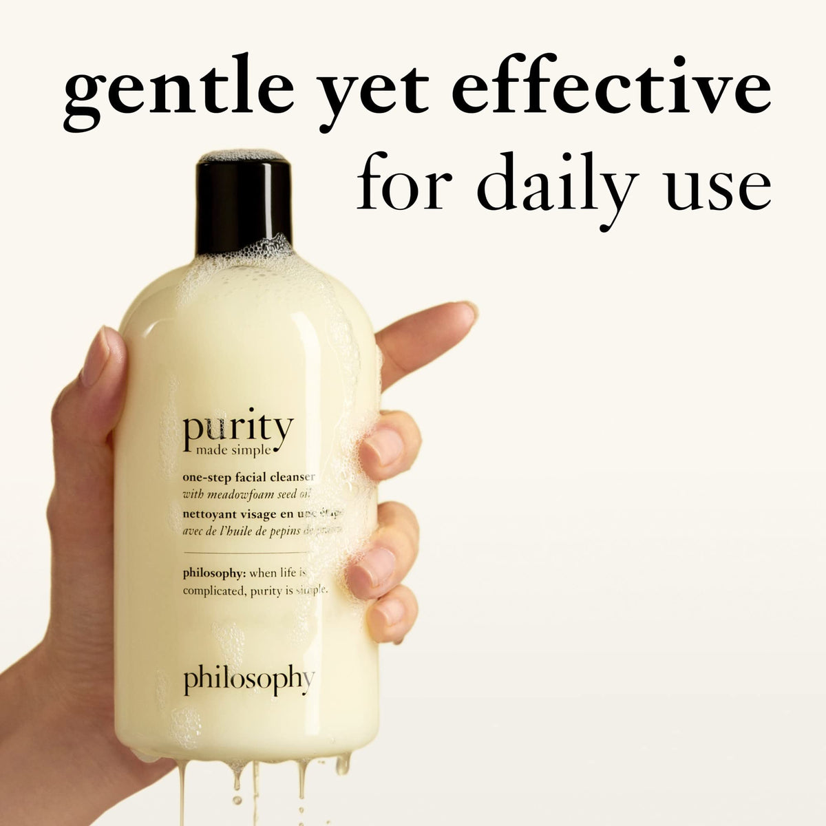 philosophy purity made simple one-step facial cleanser, gentle, respects skin's barrier, skin is soft, conditionned & fresh, removes make-up,240ml