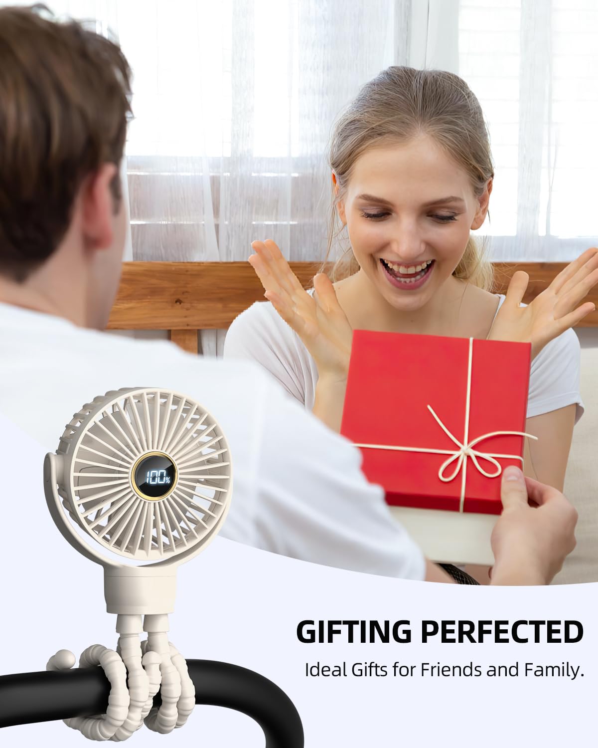 Stroller Fan, Portable Fan, Battery Powered Baby Clip On Fans, 3 Speeds Personal Cooling Fan with Rotatable Handheld for Car Seat Crib Bike Treadmill, Beige-white