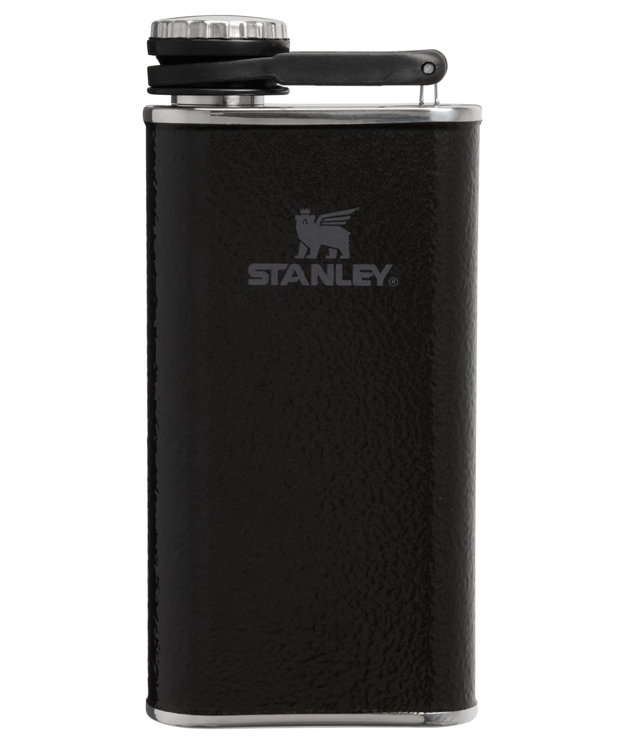 Stanley Classic Easy Fill Wide Mouth Flask 8 oz | Leakproof Hip Flask | Hinge Connected Never Lose Cap | Insulated Stainless Steel Liquor Container | BPA-Free | Hammertone Black Stanley
