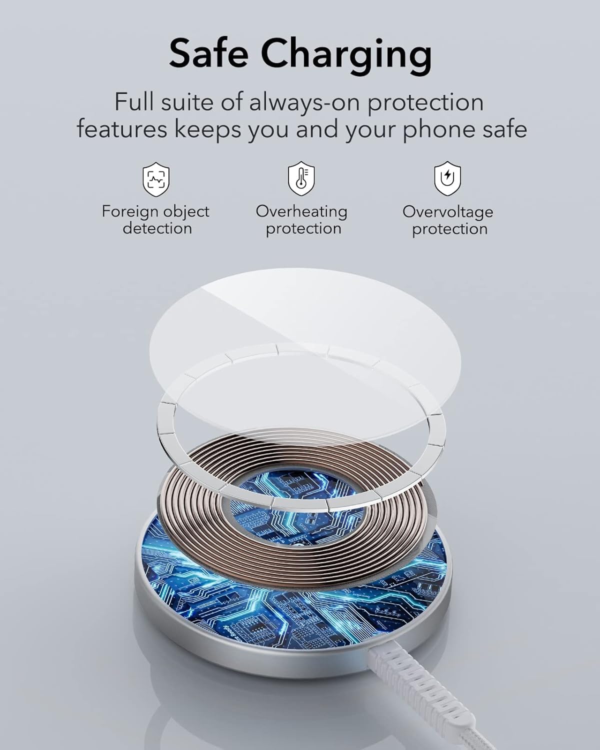 Chargeur sans fil ESR 15W avec MagSafe, Compatible avec iPhone Séries 17/16/15/14/13/12, Accessoires MagSafe, Verrouillage magnétique puissant, Câble TPE durable, Lot de 2, Argent