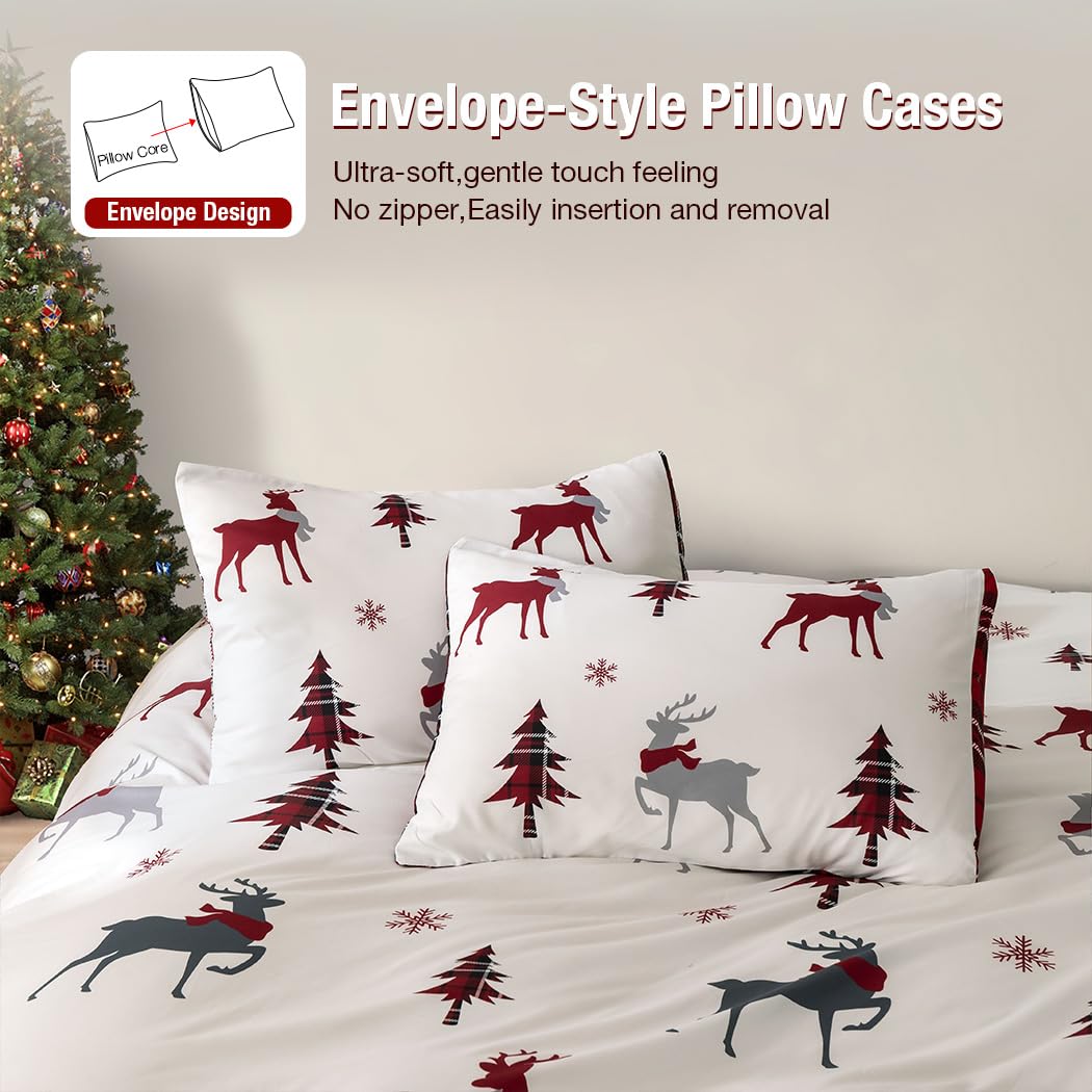 Conworld Christmas Duvet Cover Queen Size Set, Soft Reversible Red Plaid Reindeer Snowflake Printed Holiday Bedding Set with Zipper Closure, Corner Ties, 2 Pillowcases, 1 Duvet Cover 90x90 inches 🍁 All In One Marketplace Canada