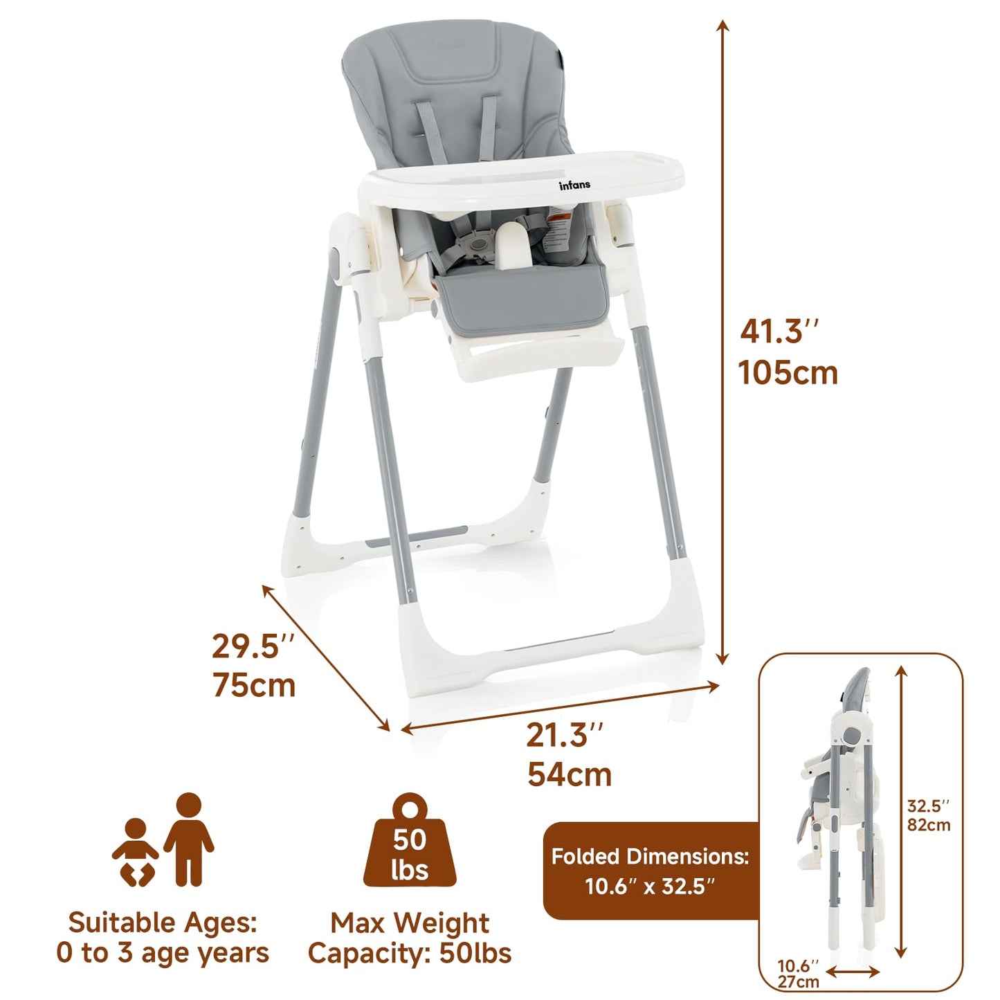 INFANS High Chair for Babies & Toddlers, Foldable Highchair with Multiple Adjustable Backrest, Footrest and Seat Height, Removable Tray, Detachable PU Leather Cushion, Built-in Rear Wheels (Grey) π All In One Marketplace Canada