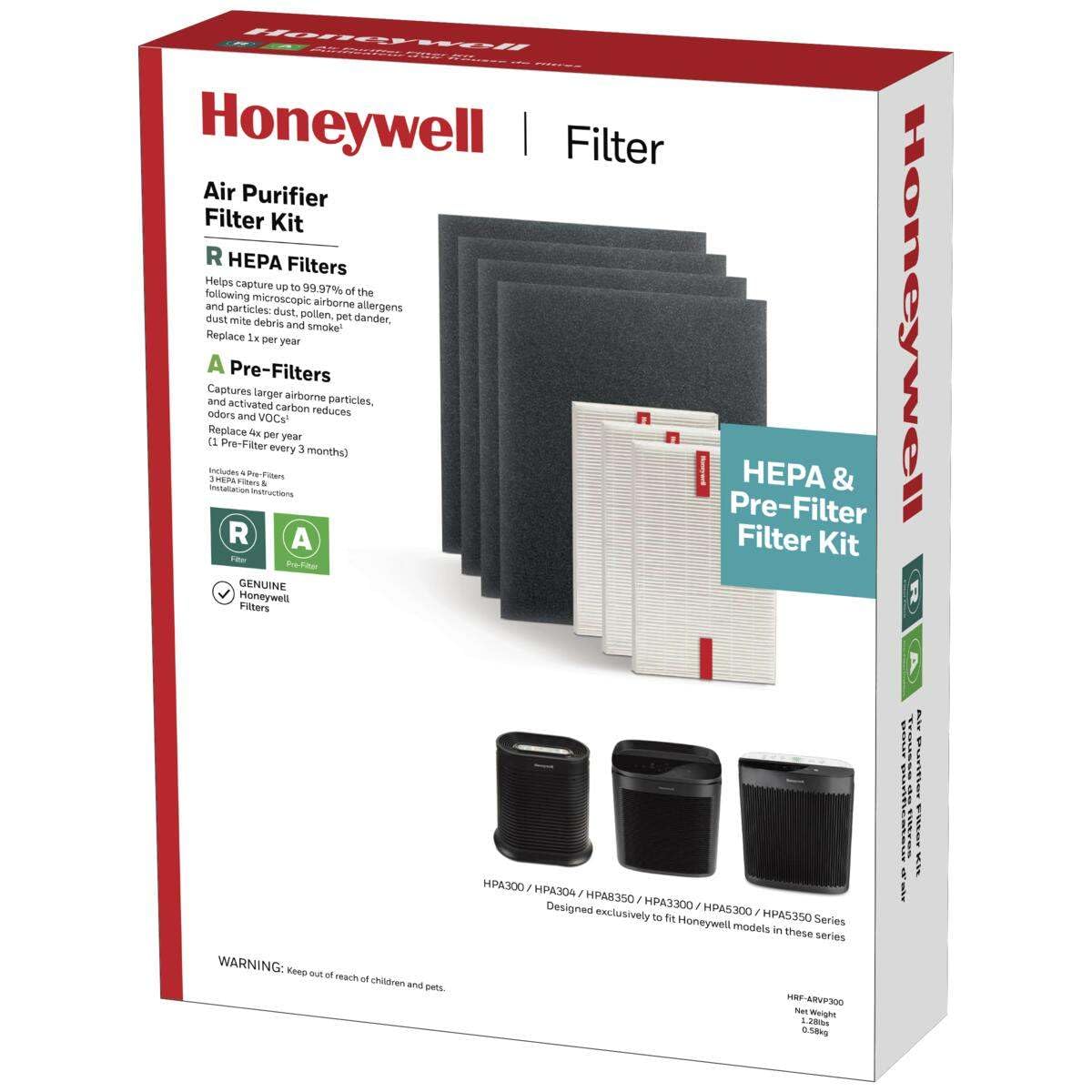 Honeywell HEPA Air Purifier Filter Kit Includes 3 HEPA R Replacement Filters and 4 A Carbon Pre-Cut Pre-Filters Airborne Allergen Air Filter Targets Wildfire/Smoke, Pollen, Pet Dander, and Dust Honeywell