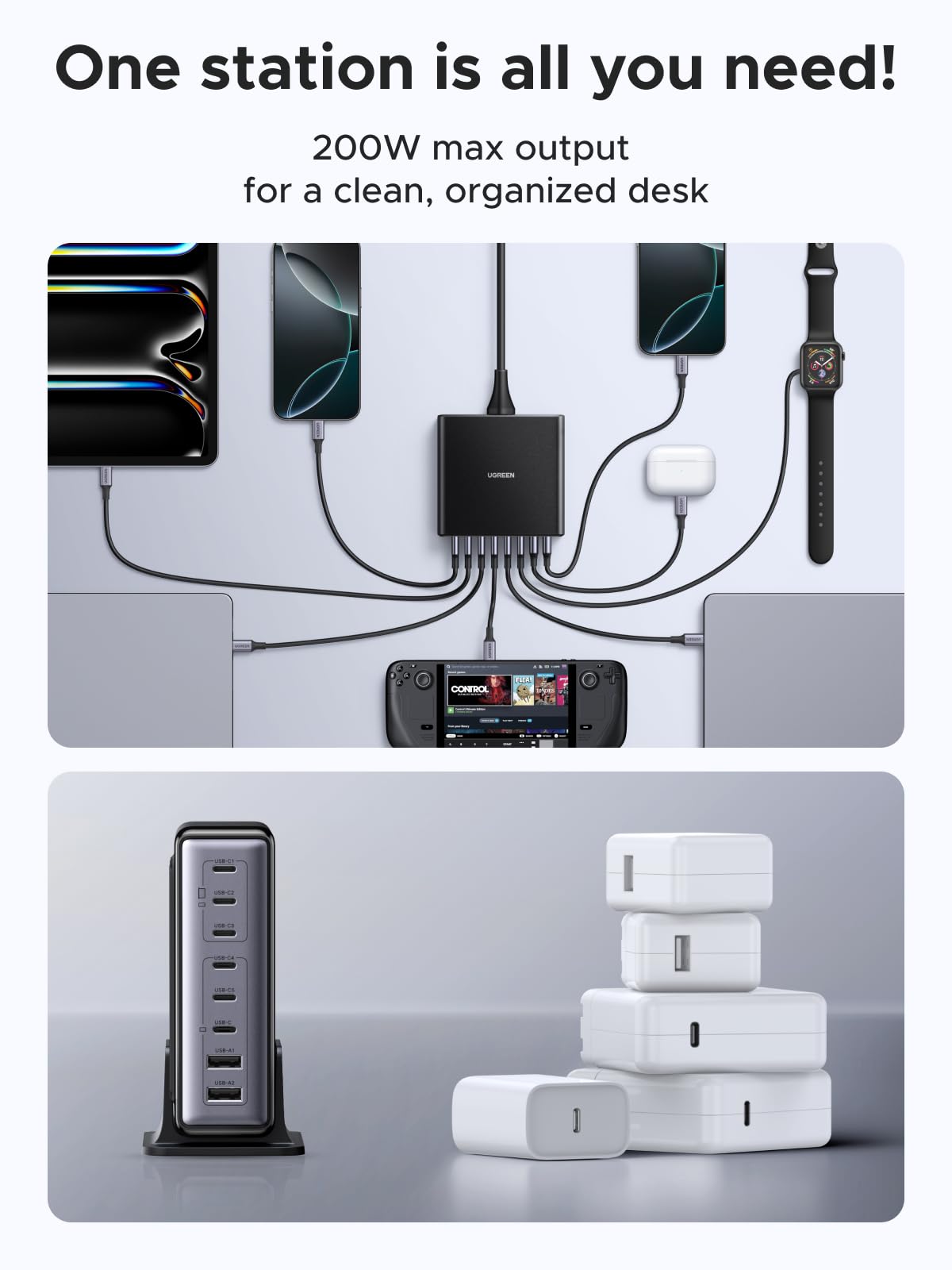 UGREEN 200W 8-Port GaN USB C Charger Block, Desktop Charging Station USB C and USB PD 100W Fast Charging Compatible for MacBook Pro 16" Air, XPS 13, iPad Pro, iPhone 17 Pro, Galaxy S26 S25