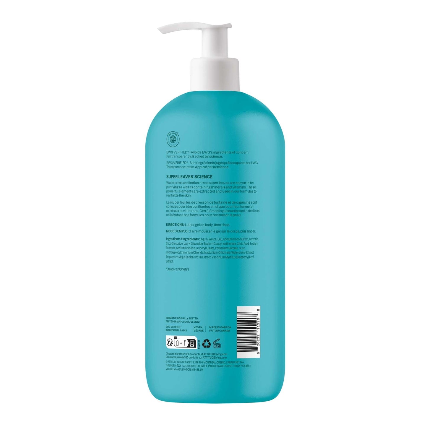 ATTITUDE Body Wash, Made in Canada, EWG Verified Shower Gel, Dermatologically Tested, Plant and Mineral-Based, Vegan Personal Care Products, Unscented, 946 mL