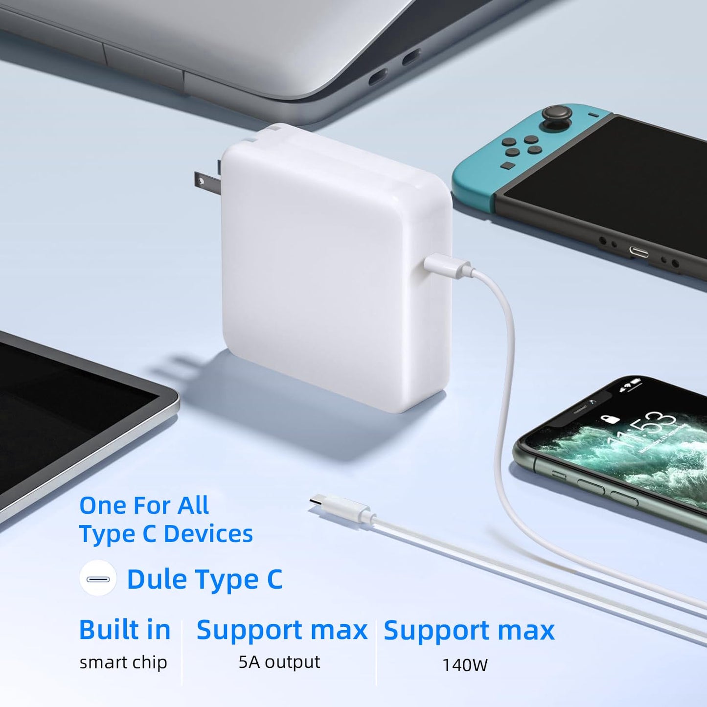 Tearplex 140W C to C Super Fast Charger,Compatible with MacBook Pro 16, 15, 14, 13 Inch, MacBook Air 13 Inch, iPad Pro 2021/2020/2019/2018, Lenovo and All Type C Devices White - Available at All In One Marketplace Canada