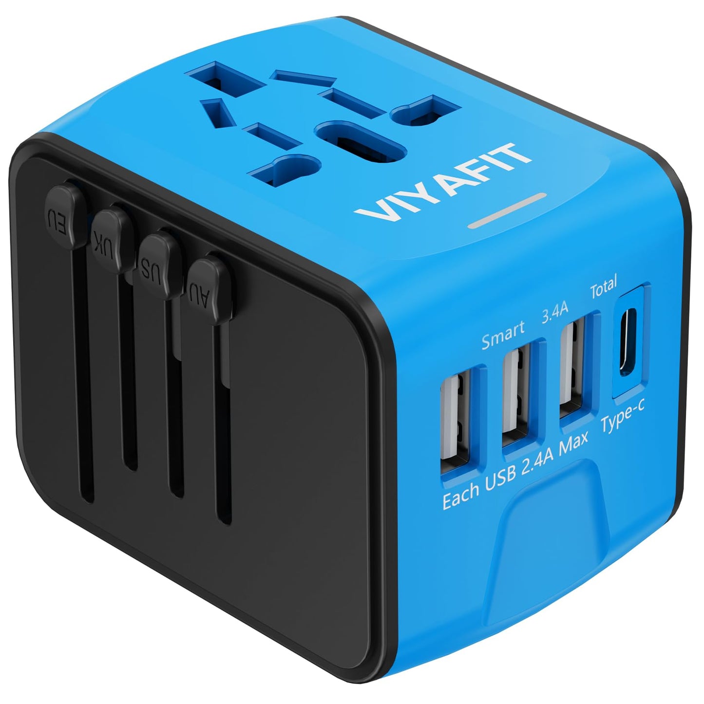 Universal International Travel Power Adapter, All in One Wall Charger with High Speed 2.4A 3xUSB, 3.0A Type-C, European Adapter, Worldwide AC Outlet Plugs for UK, EU, AU & Asia (Blue) - Available at All In One Marketplace Canada
