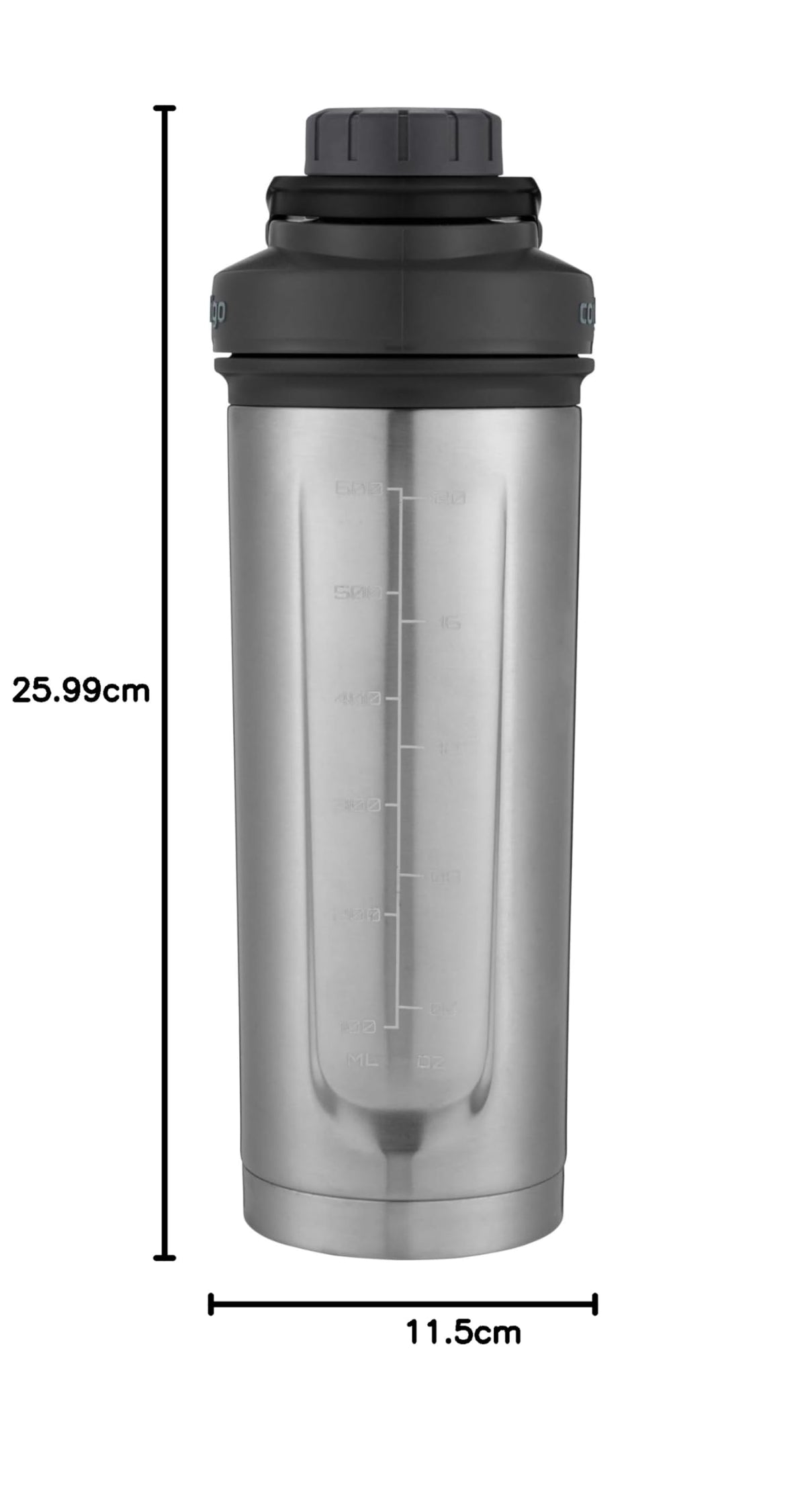 Contigo Fit Shake & Go 2.0 Stainless Steel Protein Shaker Bottle with Leak-Proof Screw Lid, Vacuum-Insulated Mixer Bottle with Whisk and Carry Handle, Grey, 24 oz (709 mL)