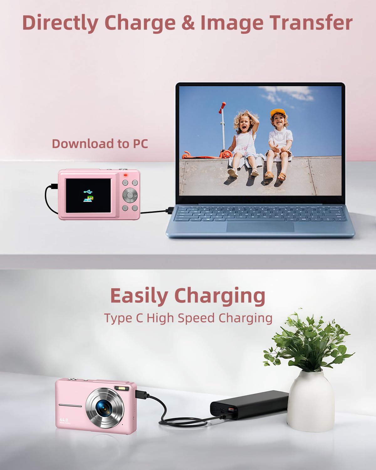 CAMKORY Digital Camera, Full HD 1080P Point and Shoot Camera, 44MP Kids Camera with 32GB Card, 16X Zoom, Pink - Available at All In One Marketplace Canada