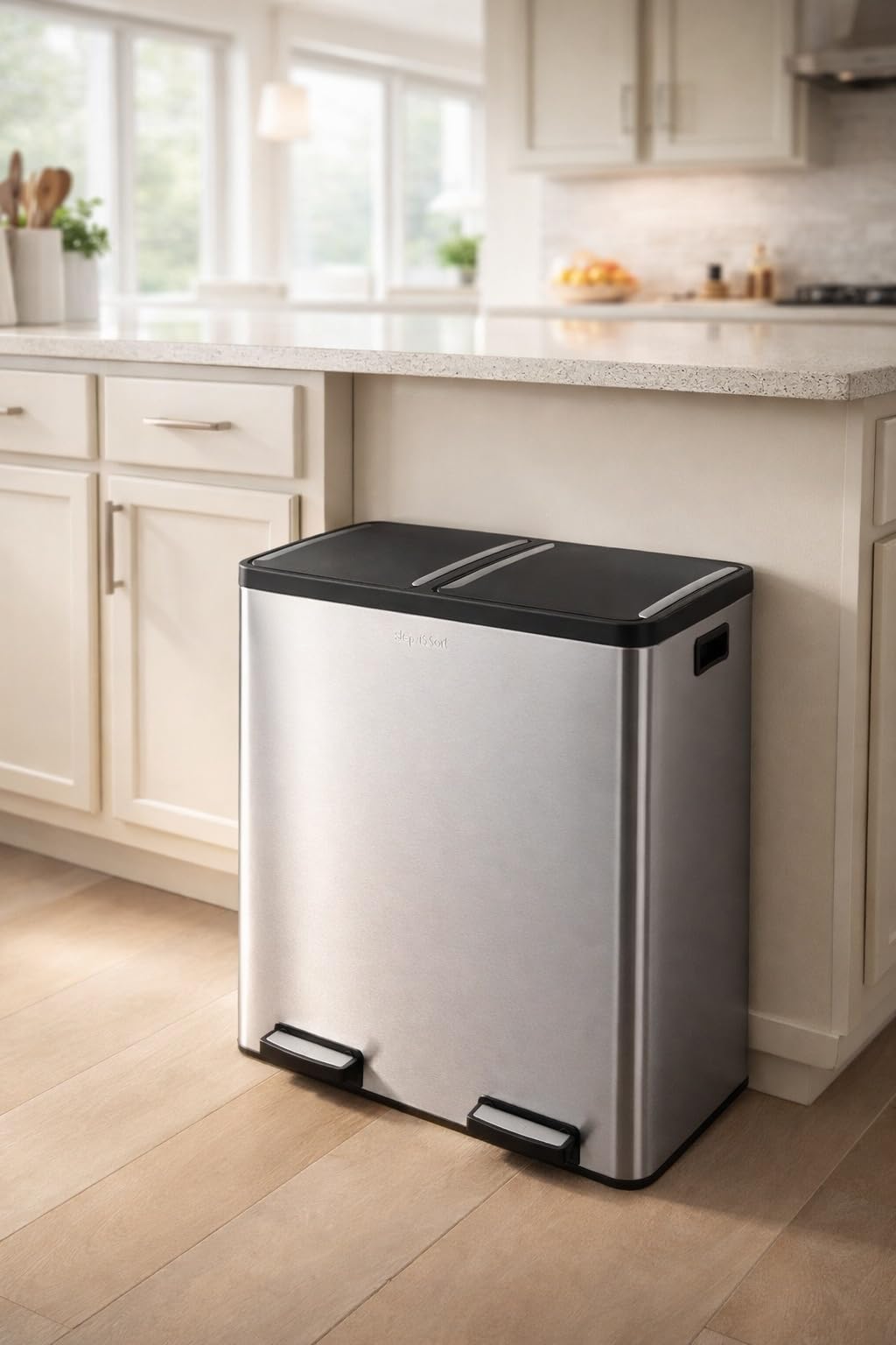 The Step N' Sort 18.5 Gallon Extra Large Capacity, Soft-Step, Dual Trash and Recycling Bin with Removable Inner Bins. Silver Step N' Sort