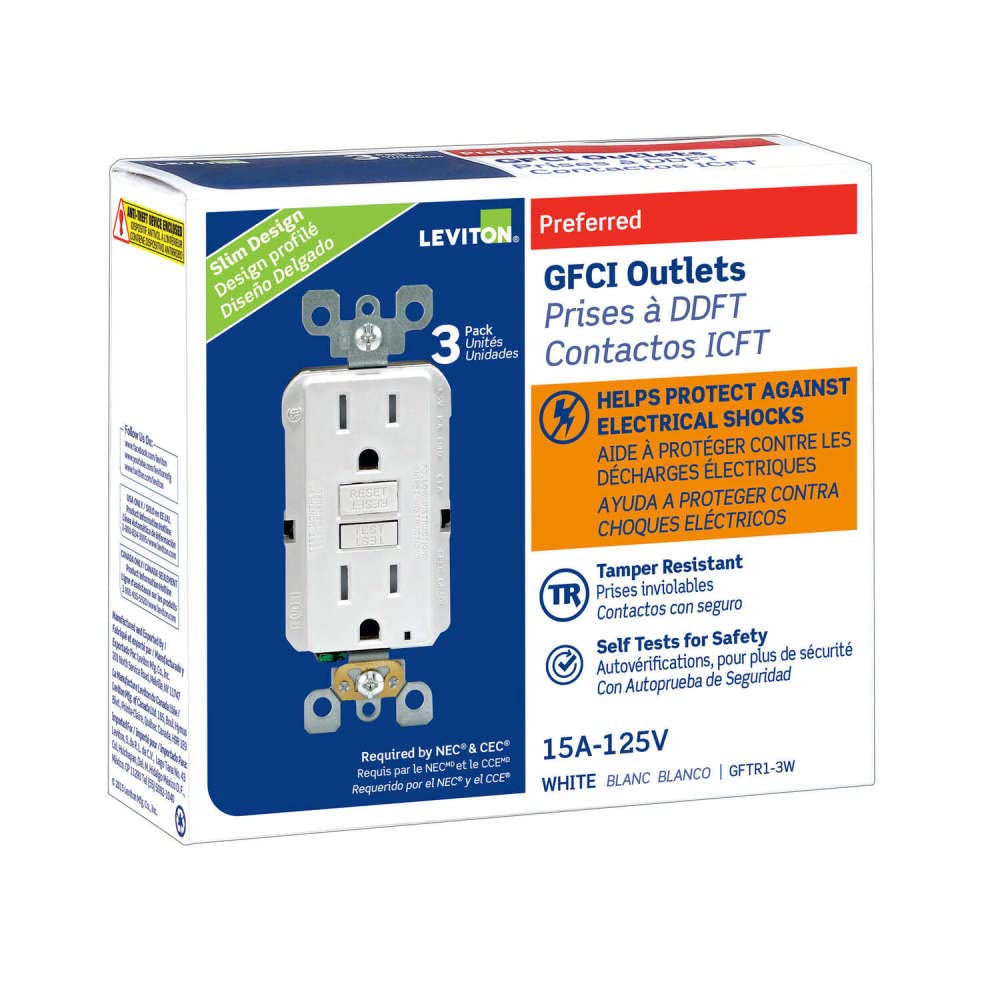 Leviton 3-Pack Tamper-Resistant GFCI Outlets with LED Indicator Light, 15 Amp, Self Test, GFTR1-03W, White Leviton