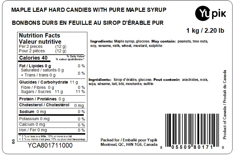 Yupik Pure Maple Syrup Hard Candies – Maple Leaf Shaped, 1 kg, Individually Wrapped, Canadian Made