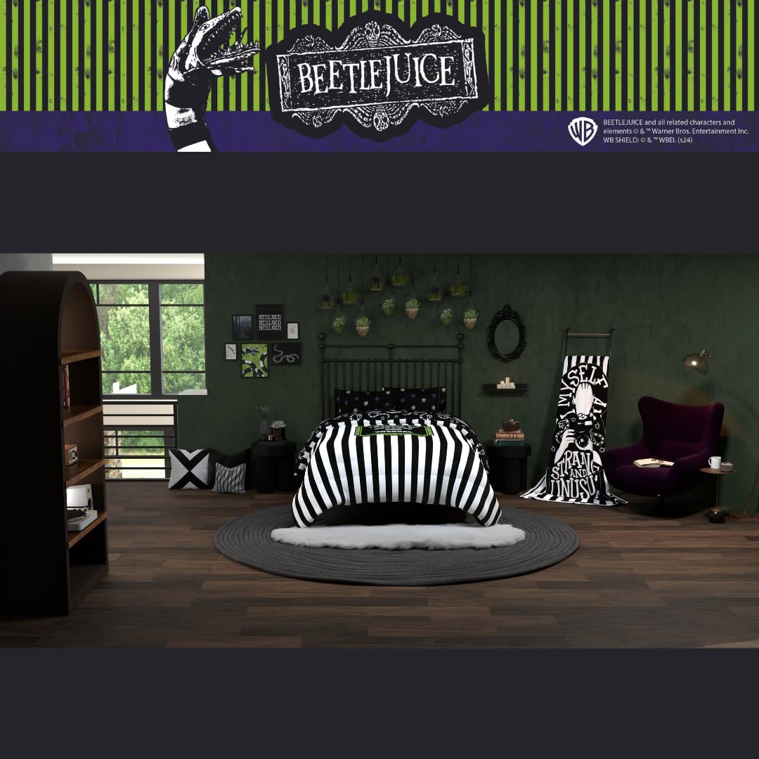 Franco Collectibles Beetlejuice Halloween Striped Bedding 5 Piece Super Soft Reversible Comforter and Sheet Set, Full, (Officially Licensed Product)