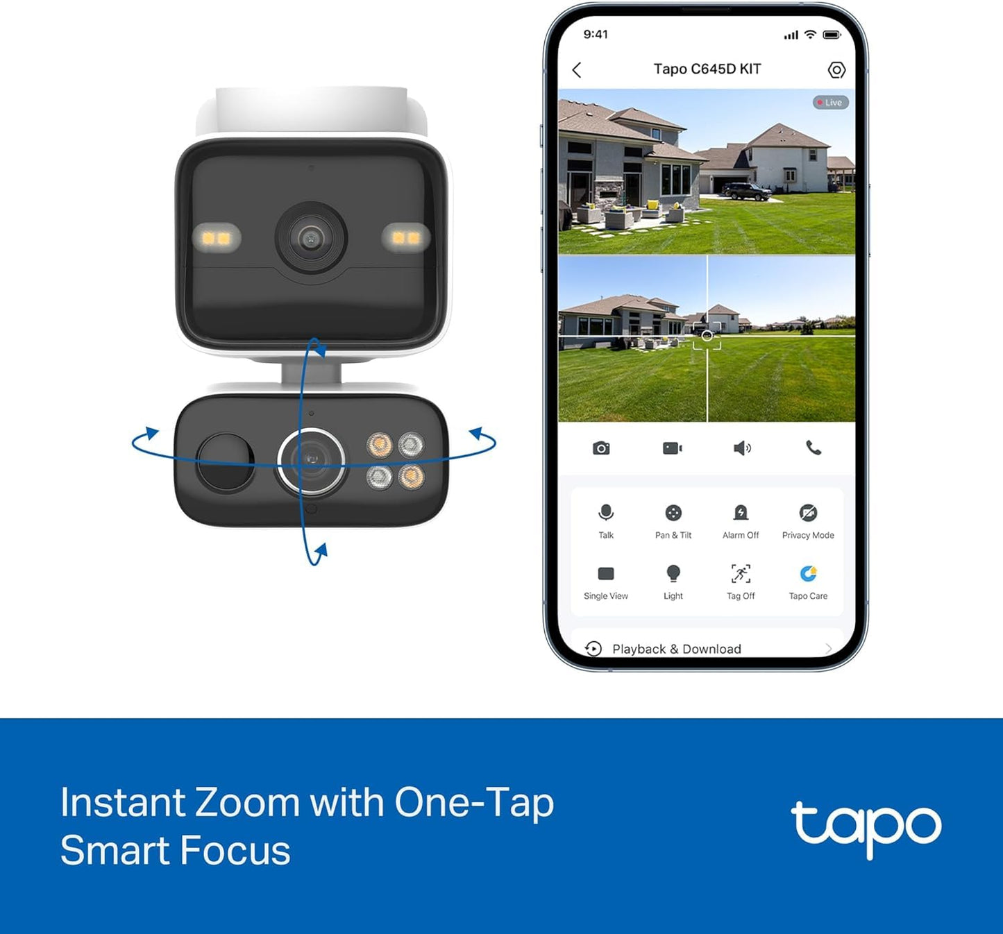 Tapo 2K Dual Lens 360ยฐ Pan/Tilt Security Battery Camera Wireless w/Solar Panel, 165ยฐ Wide View + 6mm Telephoto, Free Person/Vehicle Detection, SD/Cloud Storage, Works w/Alexa & Google (Tapo C645D KIT)
