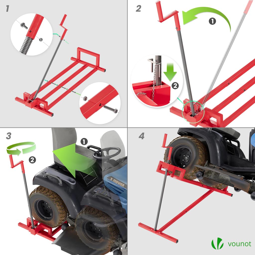 VOUNOT Ride on Lawn Mower Lift Jack, Telescopic Maintenance Jack for Lawn mowers and Garden Tractors, Weight Capacity 880 Lbs, Red VOUNOT
