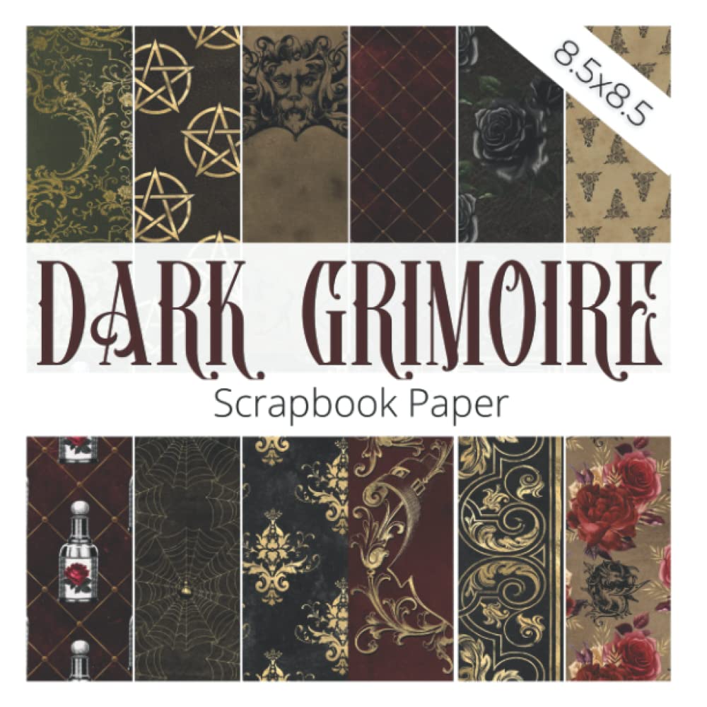 Bloc de papier pour scrapbooking DARK GRIMOIRE : Noir, carré, 8,5" x 8,5", 24 feuilles, finition ultra lisse, motifs sur le thème gothique et Halloween