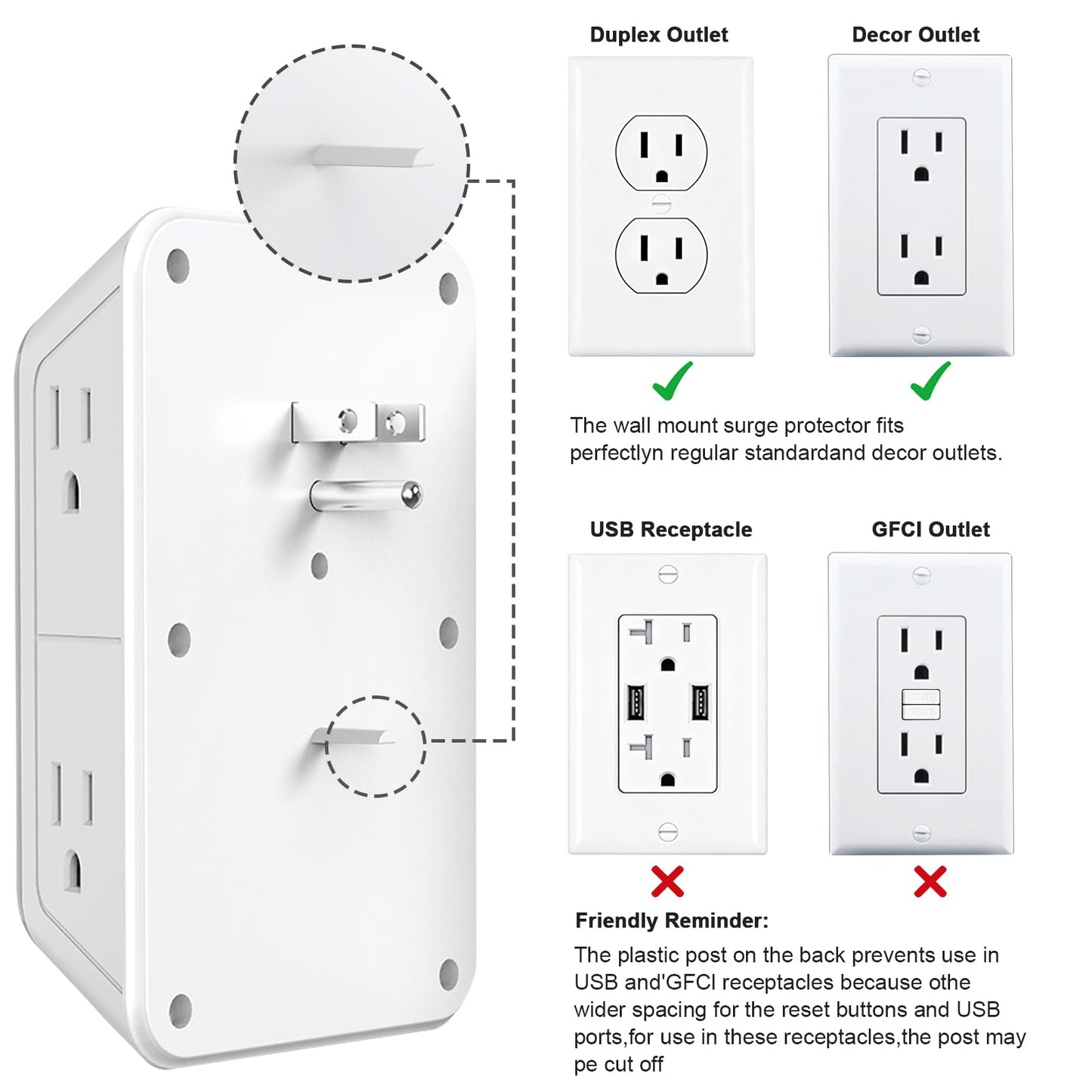 2 Pack Outlet Extender Surge Protector, 6 Outlet Splitter with 4 USB Outlet (2 USB A,2 USB C), 3Sided Power Strip with Adapter Spaced Outlets for Home, Office, Travel(White)