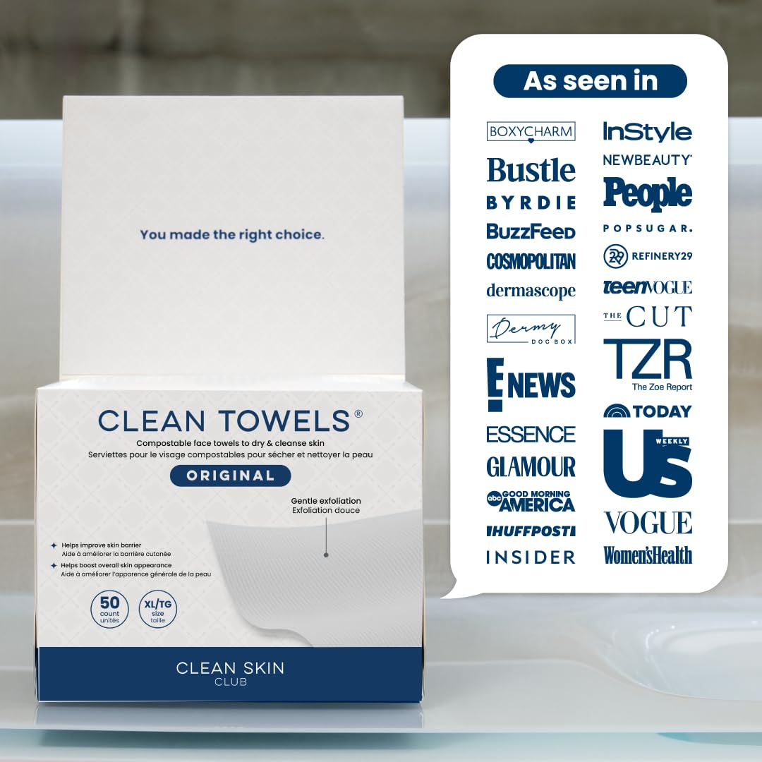 Clean Skin Club Clean Towels XL®, 100% USDA Biobased Face Towel, Disposable Face Towelette, Eczema Association Accepted, Makeup Remover Dry Wipes, Ultra Soft, 1 Pack, 50 Ct