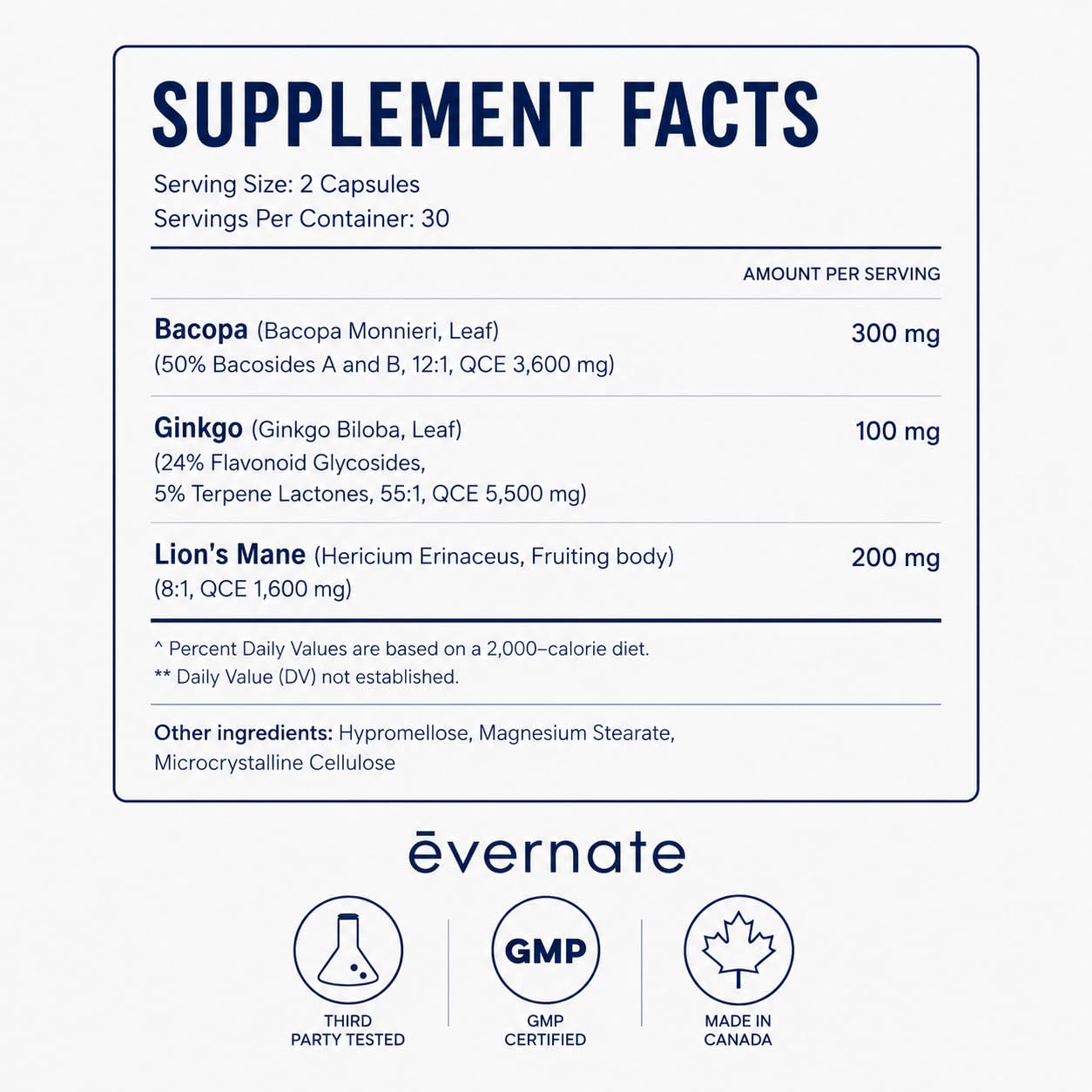 ALL-IN-ONE Lion's Mane 1,600 mg with Ginkgo Biloba 5,500 mg & Bacopa Monnieri 3,600 mg (Per Serving: 2 Capsules) – 3-in-1 Memory, Focus & Cognitive Support – 60 Vegan Capsules – Made in Canada - Available at All In One Marketplace Canada