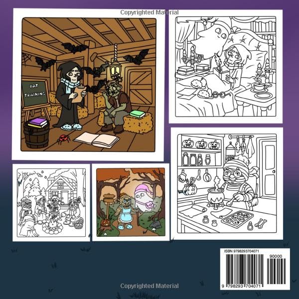 Spooky Hallow: Cute Coloring Book for Adults and Teens Featuring an Adorable Ghost, Skeleton, Mummy, Zombie, and Reaper. 50 Hand-drawn Cozy, Creepy Halloween Scenes with Hygge Moments and Spooky Vibes.