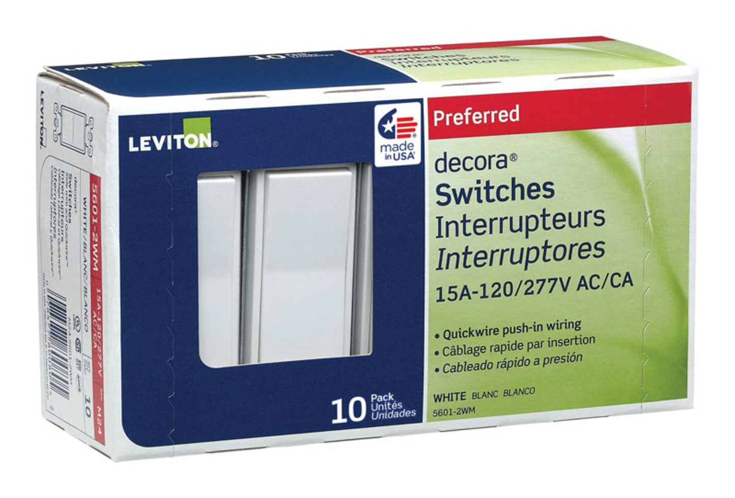 Leviton Decora Single-Pole Switch, 10-Pack, 15 Amp, 5601-2WM, White π All In One Marketplace Canada