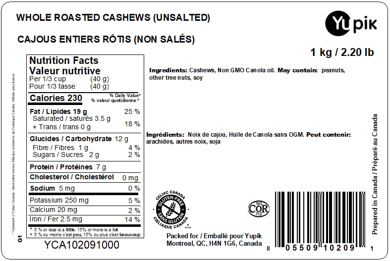 Yupik Whole Roasted Cashews – 1 kg Unsalted, Gluten-Free, Kosher, Vegan Protein Snack