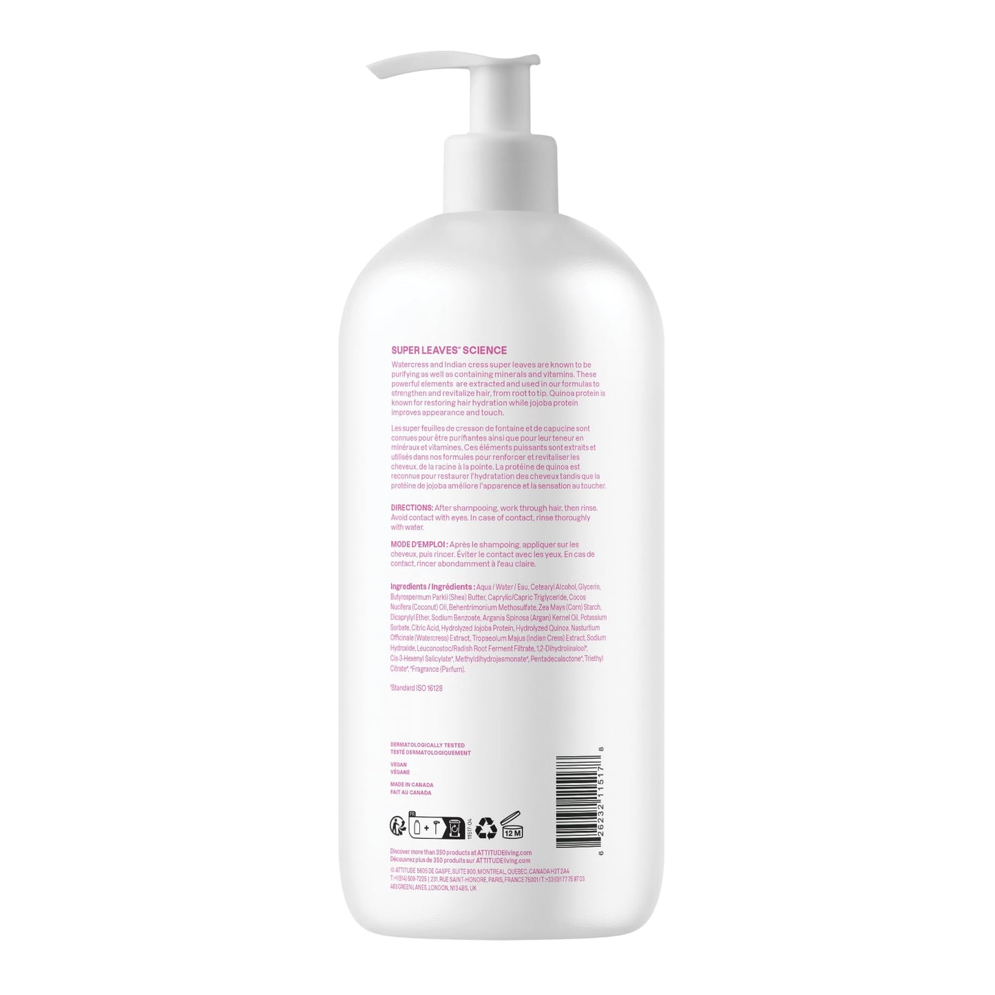 ATTITUDE Moisture Rich Hair Conditioner, Made in Canada, For Dry and Damaged Hair, Naturally Derived Ingredients, Vegan Detangler, Dermatologiocally Tested, Quinoa and Jojoba, 946 mL