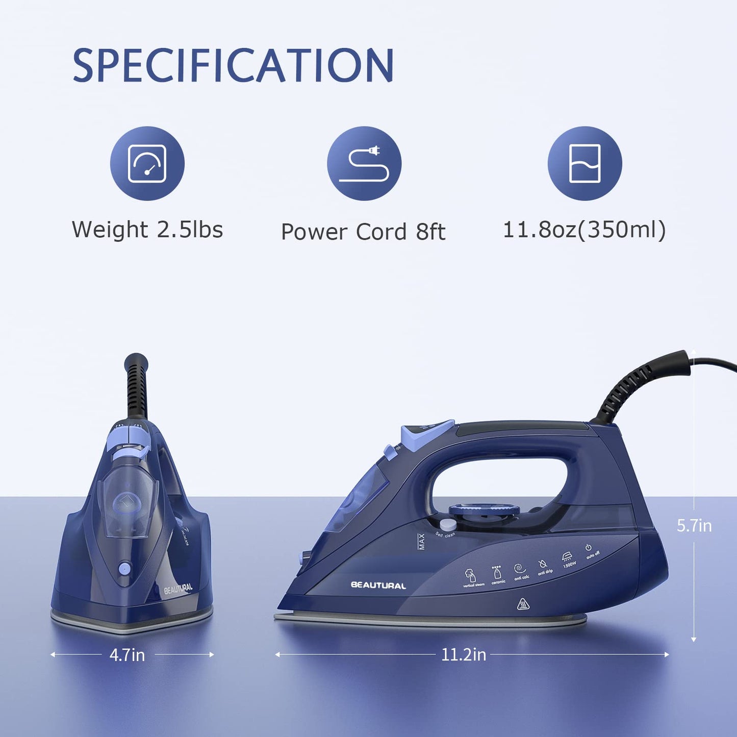 BEAUTURAL Steam Iron for Clothes with Precision Thermostat Dial, Ceramic Coated Soleplate, 3-Way Auto-Off, Self-Cleaning, Anti-Calcium, Anti-Drip - Available at All In One Marketplace Canada