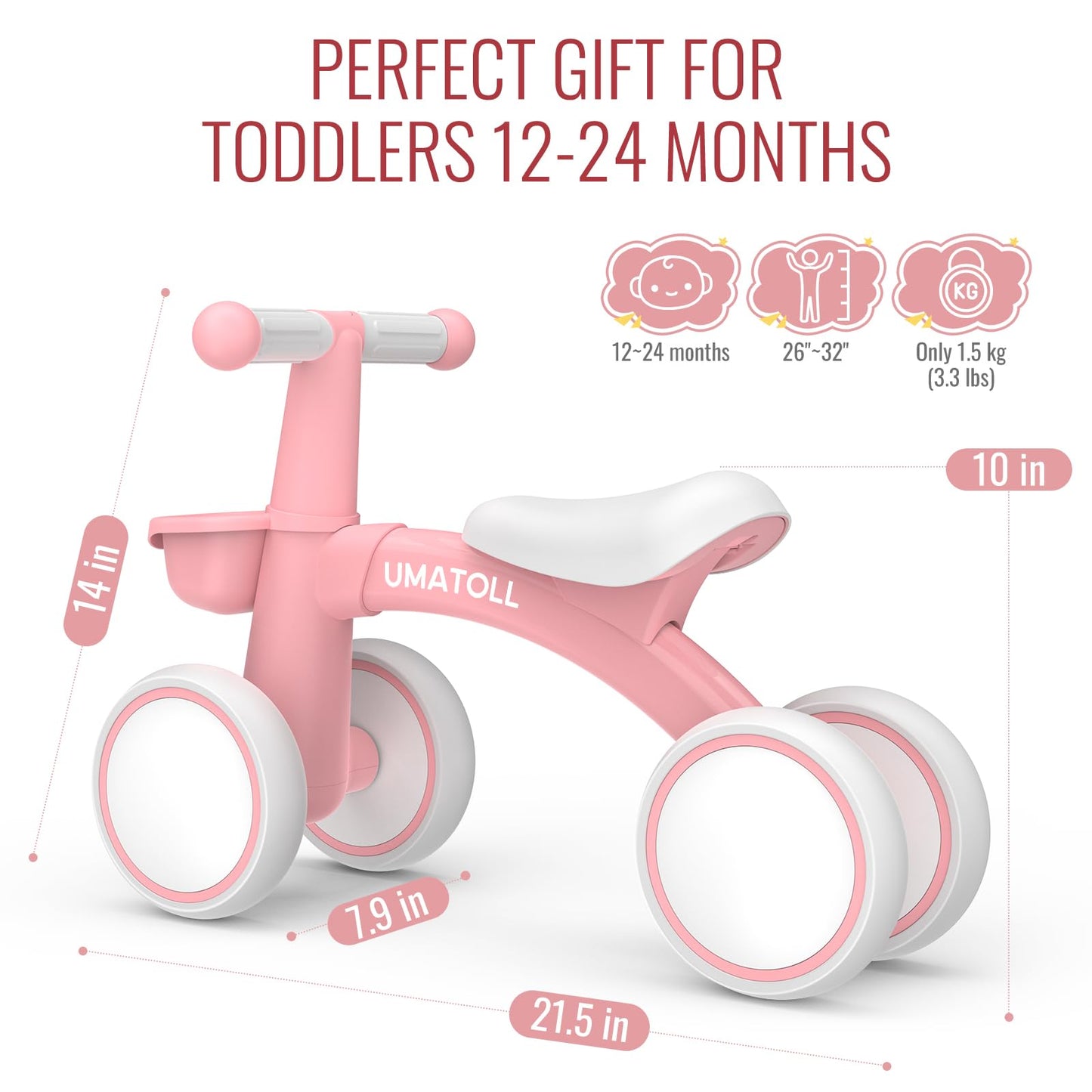 Umatoll Baby Balance Bike Toys for 1 Year Old Girls Gifts, Adjustable Seat Baby Walker, First Birthday Gifts, 12-24 Months Toddler Ride on Toys with Removable Basket, Pink
