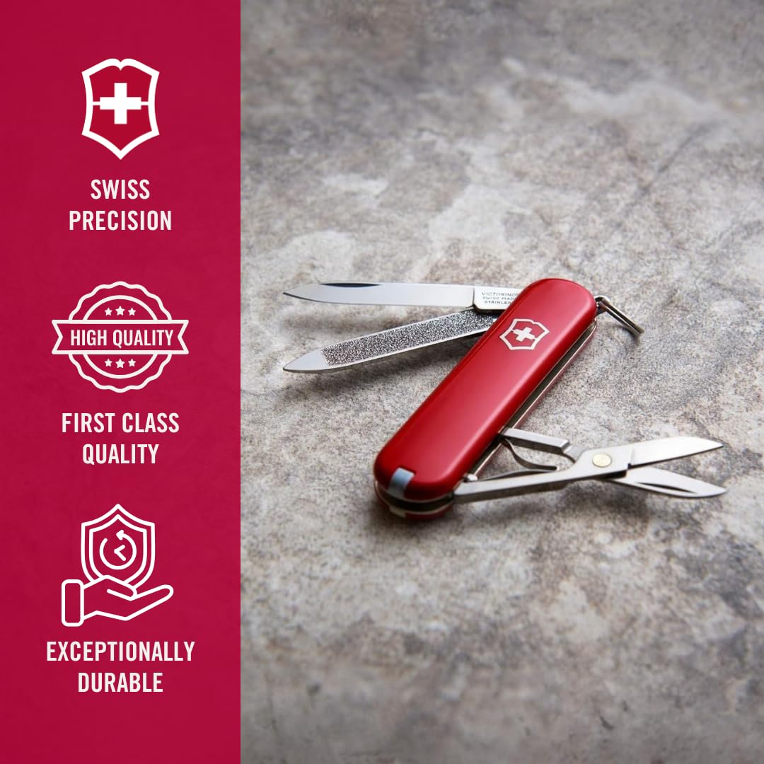 Victorinox Classic SD Swiss Army Knife, Compact, 7 Functions, Swiss Made Pocket Knife with Small Blade, Screwdriver and Key Ring - Style Icon (Red) Victorinox