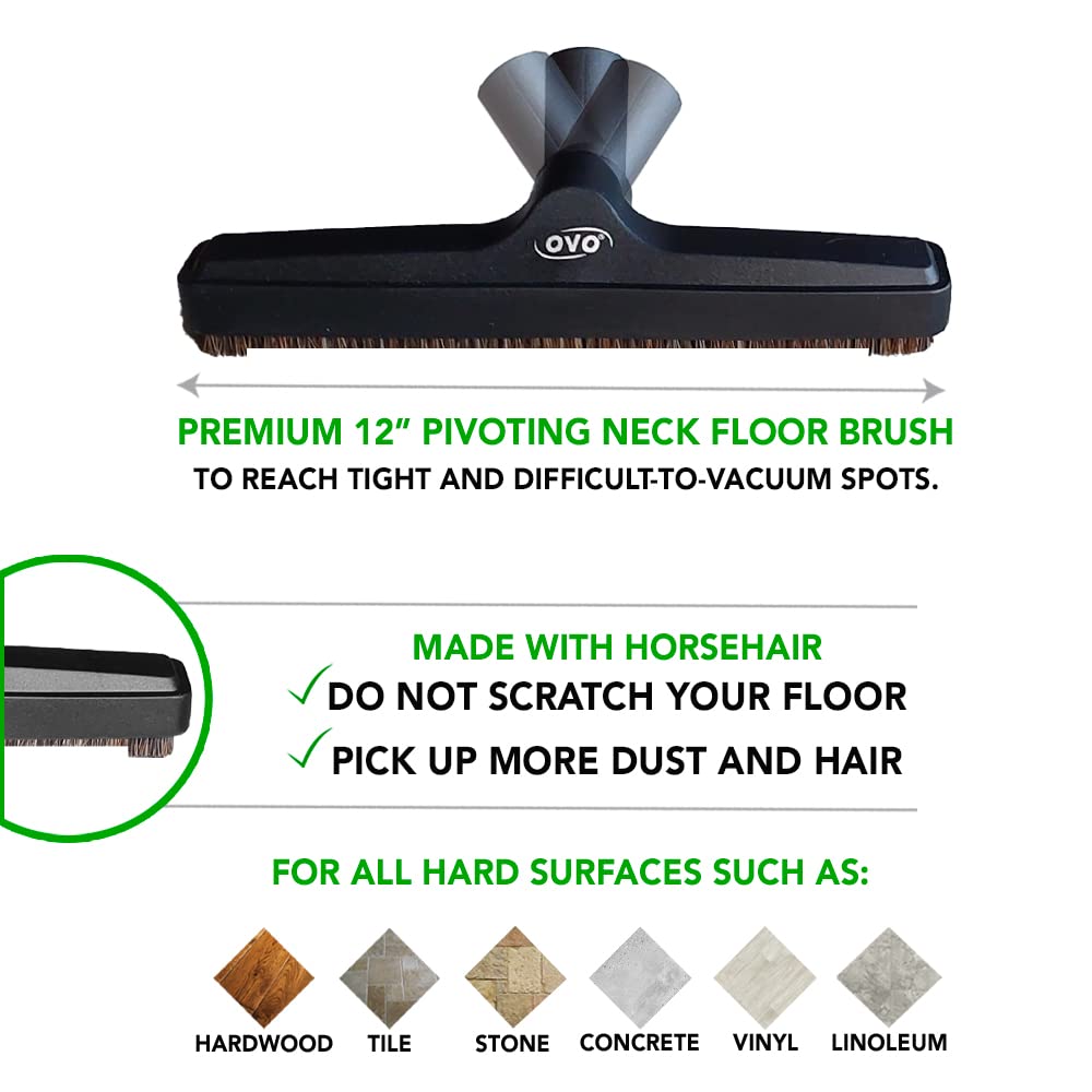 OVO Universal Vacuum Cleaner Floor Brush for Hard Surface with Natural Bristles, 12 inch, 1 1/4 inch (32mm) Inner Diameter, Fits All, Black (ACC-216-BK.) OVO