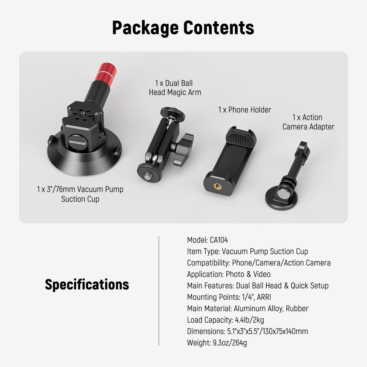 NEEWER 3" Suction Cup Camera Mount Bracket with Ball Head Magic Arm, CA104
