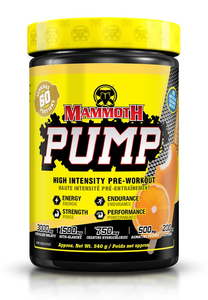 MAMMOTH PUMP – Pre Workout Powder, Superior Muscle Pumps, Increase Strength & Endurance, Explosive Power & Energy Supplement, Heightened Focus, Quick Recovery, Reduced Soreness (60 Serves, Orange Pumpsicle)